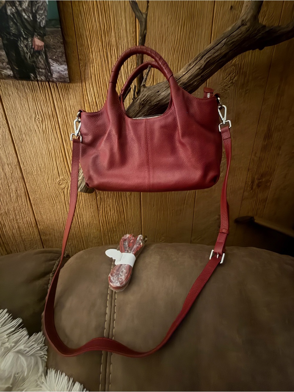 Women's Red Leather Satchel Bag with Detachable Strap